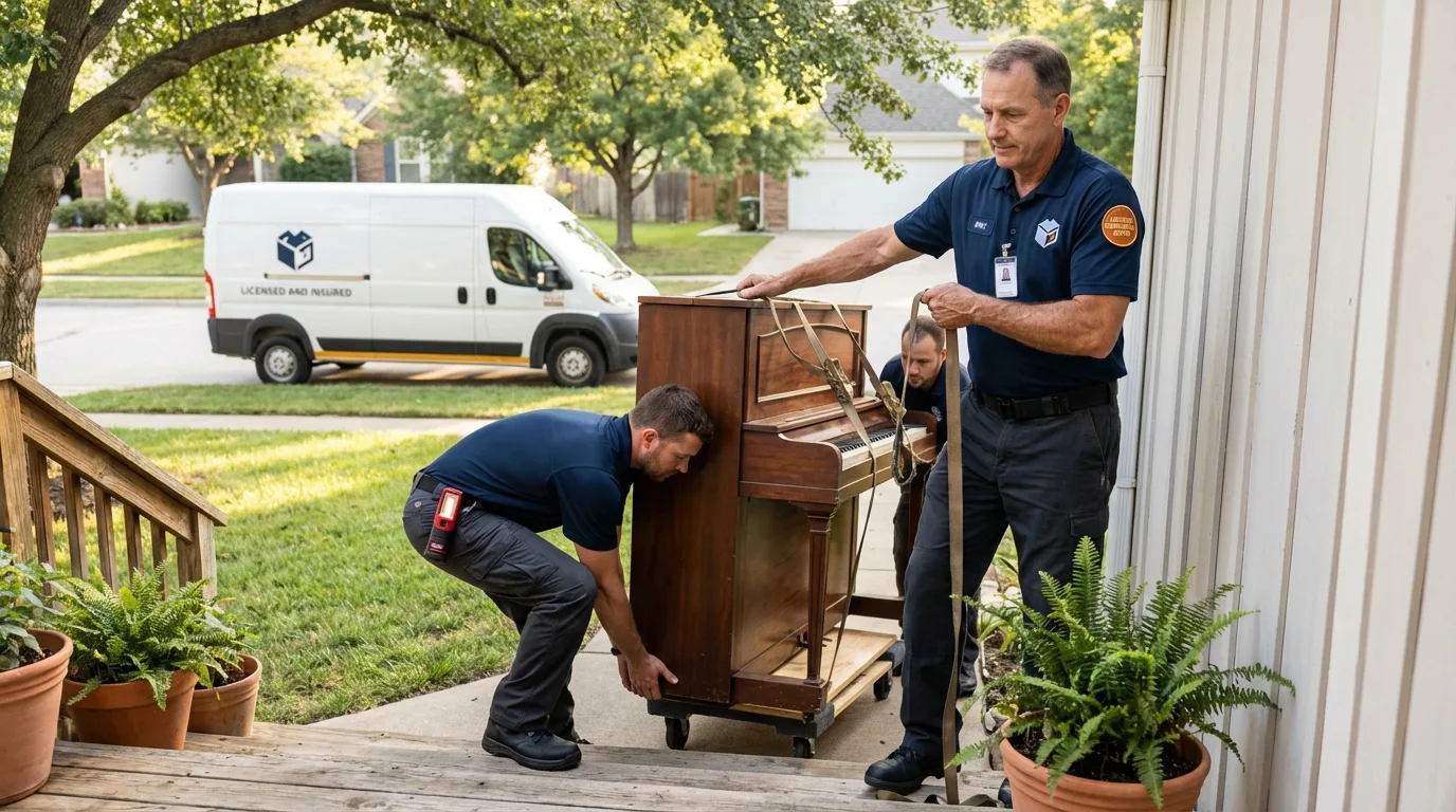 Licensed piano movers securing grand piano in Greeley, CO
