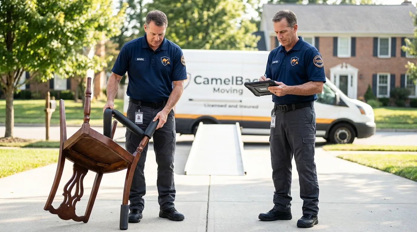 Movers inspecting furniture for damage prevention before loading in Greeley, CO