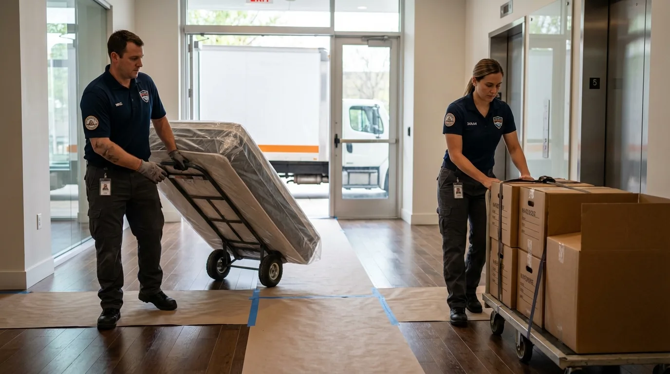 Professional apartment movers loading elevator in Greeley, CO