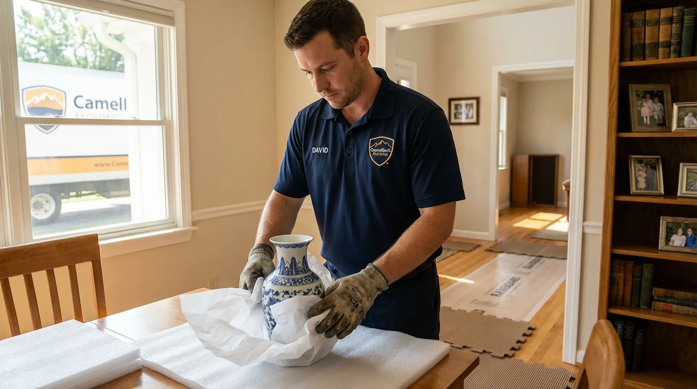 Professional crew carefully wrapping antique vase for senior downsizing move in Greeley, CO